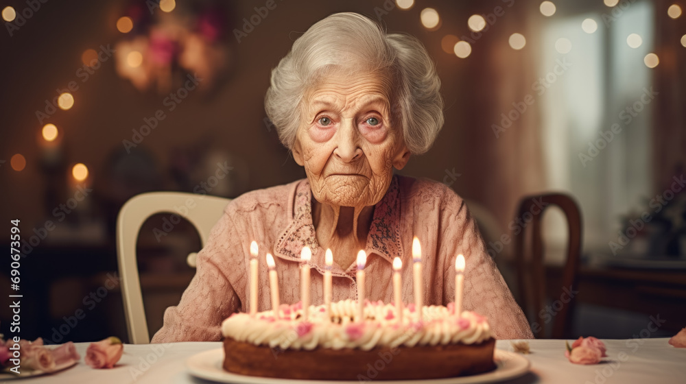 Serious sad Elderly old woman pensioner celebrating her birthday anniversary with cake with candles Serious sad Elderly old woman pensioner celebrating her birthday anniversary with cake with candles