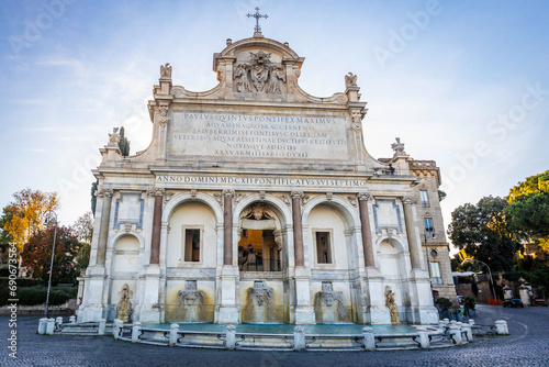 Fontana dell'Acqua Paola the big fountain in Rome at sunny daylight