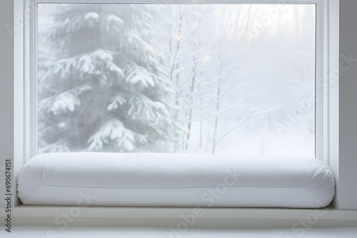 Draft excluder lying in front of window with snow outside to keep out cold air and save energy for heating in room photo
