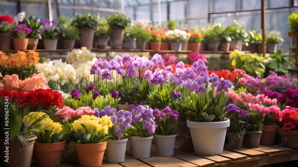 A vibrant flower market with a variety of spring flowers on display.