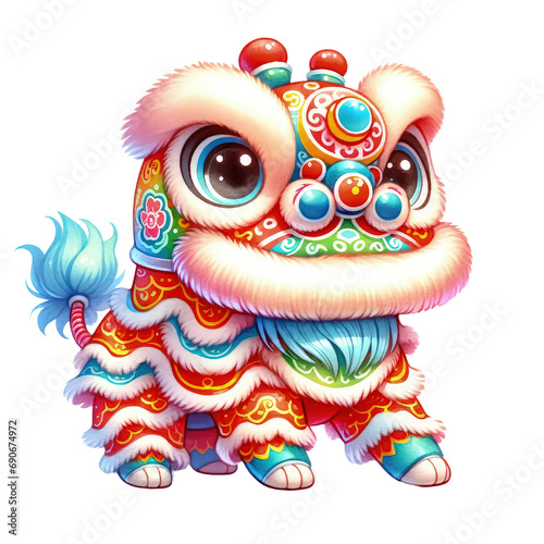 Lion dance. Chinese New Year celebration, people in traditional costumes celebrate national asian festival, performing traditional dance. watercolor illustration isolated on transparent background