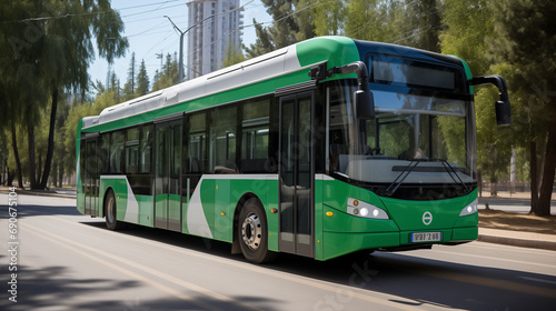 Modern Green Bus with Passengers Driving Around The Town According to Its Route and Schedule