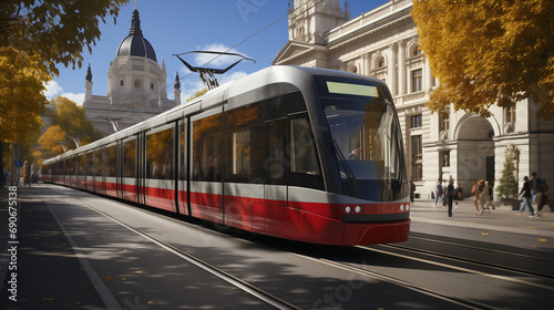 Modern Red Tram in Action Going Through the City Centre 