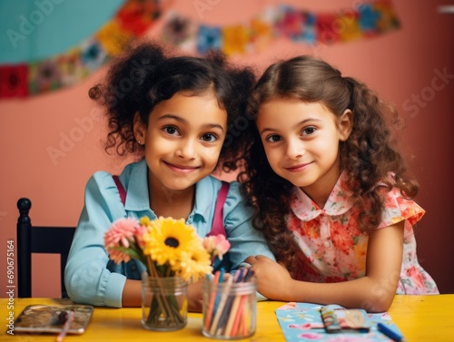 photo back to school. cute child schoolgirls sitting at a desk in a room 
