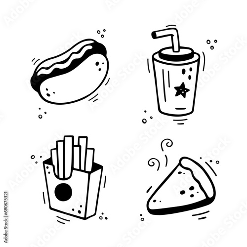 Fast food icons set - Hot Dog, French fries, paper cup with drink, pie, cake, tart, cheesecake Hand drawn fast food combo. Comic doodle sketch style. Vector illustration