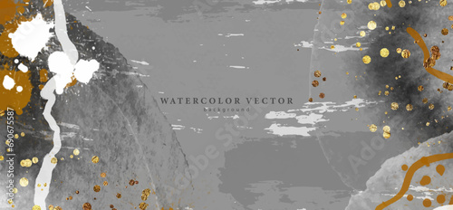 Gray abstract watercolor background with imitation of a natural brush. Background with gold splashes, white and orange blots. Watercolor poster, banner, card, cover