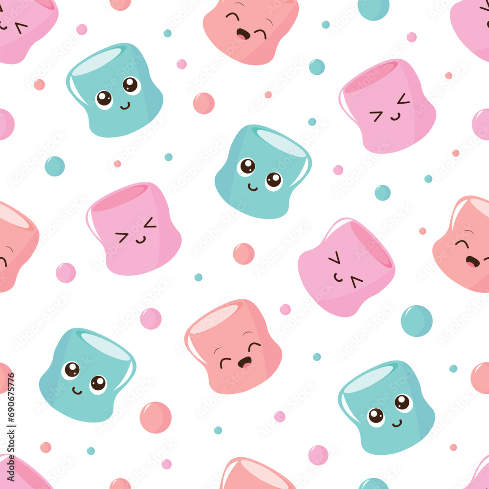Seamless pattern with cartoon marshmallows. Marshmallow character vector design on white background