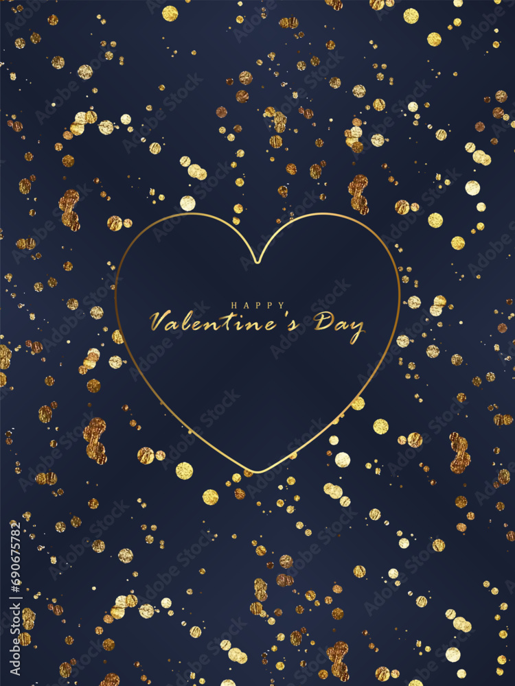 Fototapeta premium Luxurious dark blue vector Valentine's Day card with gold glitter and heart.