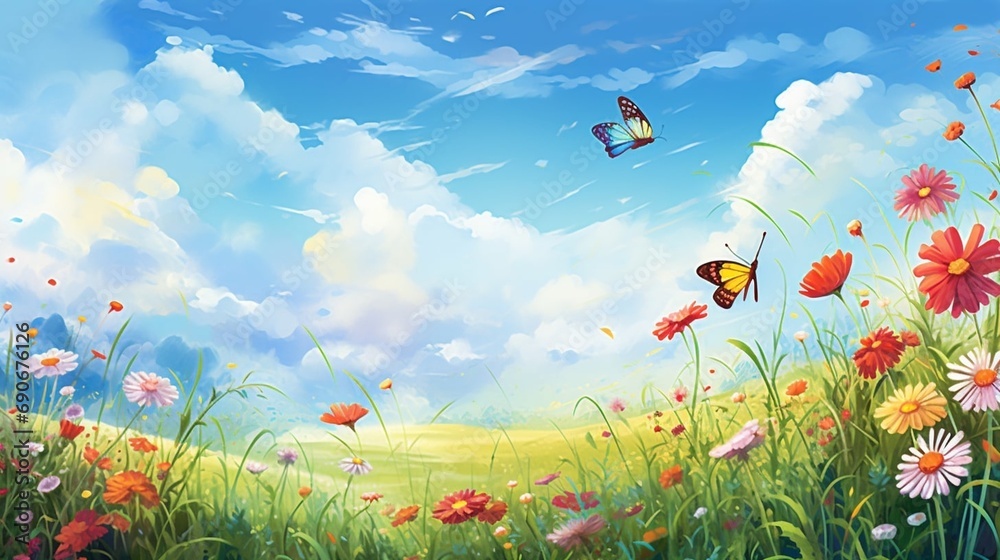 Painting of Flowers and Butterflies in a Meadow, Meadow with flowers