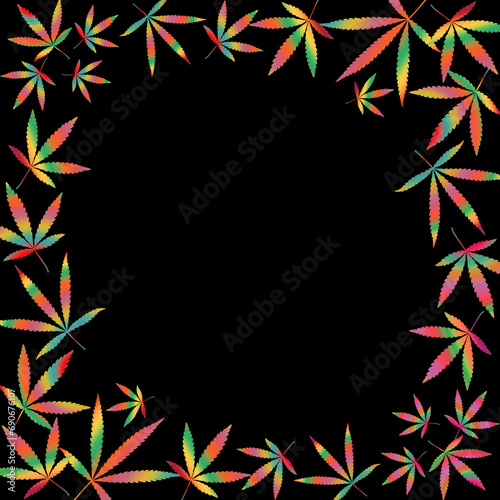 Square frame of multicolored cannabis leaves. Black background, copy space.