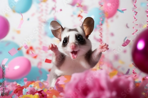A cheerful sugar glider swimming amid birthday decorations, celebrating joyously. Copy space on solid background.