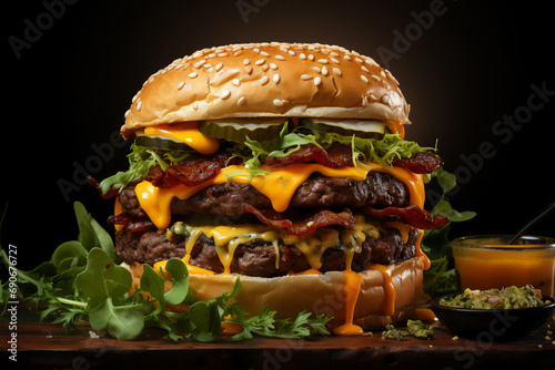 High-calorie big burger with sausage, ribs, bacon, brisket on a dark background, close-up