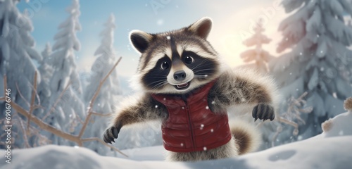 A cute raccoon, dressed in a snug winter coat and a playful red stocking cap, explores a snowy wonderland, hopping and skipping over snow-covered rocks.  photo