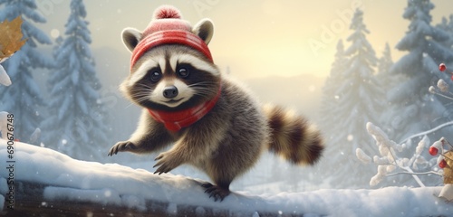A cute raccoon, dressed in a snug winter coat and a playful red stocking cap, explores a snowy wonderland, hopping and skipping over snow-covered rocks.  photo