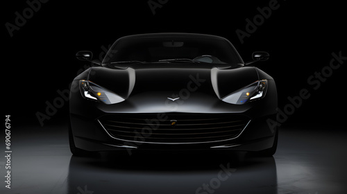 Front view of a sleek black sports car with aggressive styling.