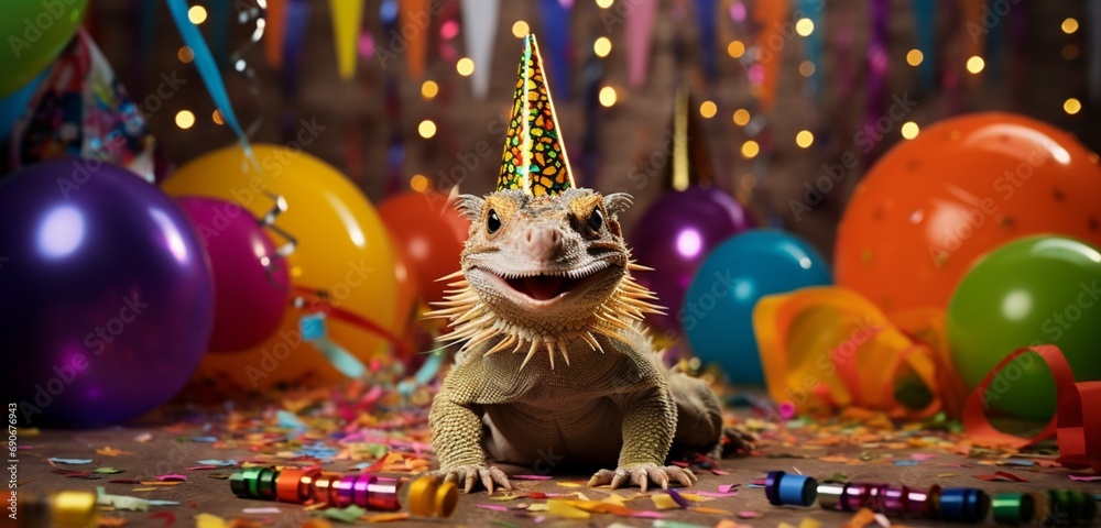 A delighted bearded dragon swimming amid birthday decorations, celebrating joyously.