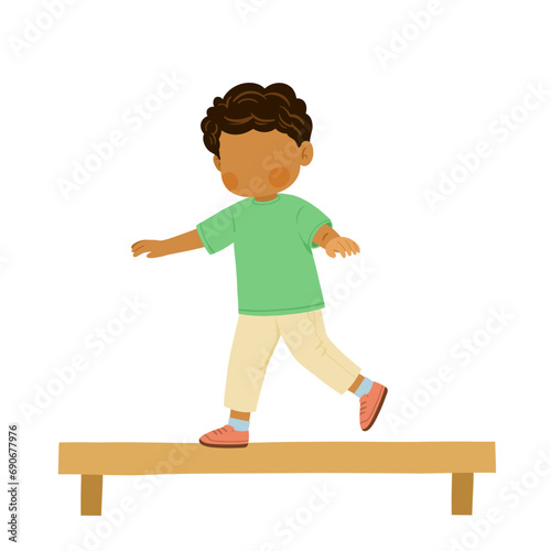 a boy walking on the footbridge