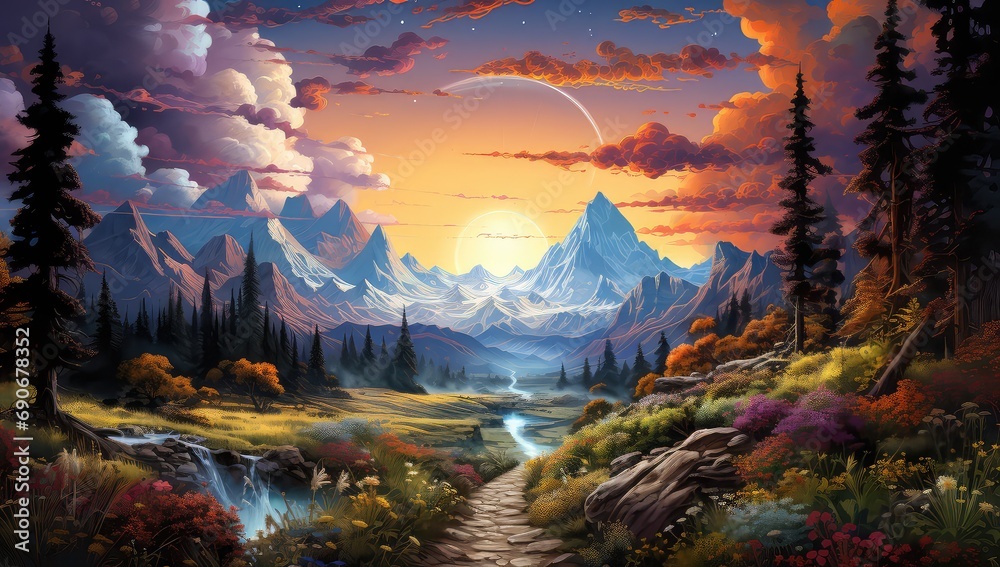 widok doliny z górami i kosmicznym niebie z kolorowymi chmurami na planecie - obrazy, fototapety, plakaty 