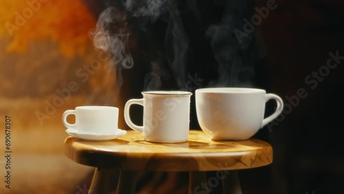 Hot coffee mug in the morning. Delicious drink to start the day. Steaming hot beverage.