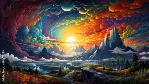 widok doliny z górami i kosmicznym niebie z kolorowymi chmurami na planecie © Bear Boy 