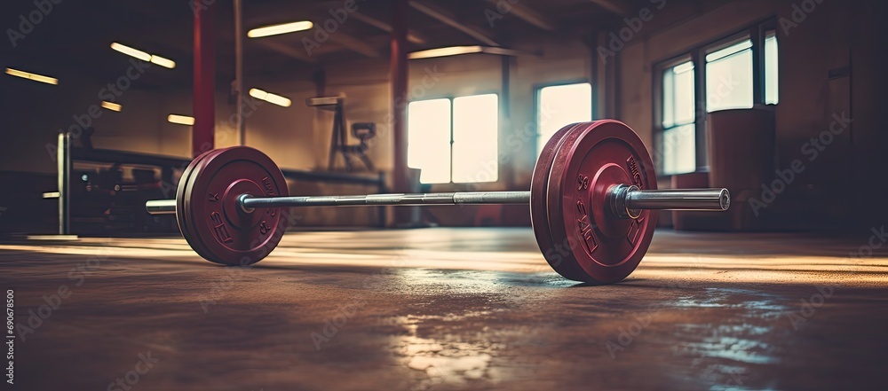 Obraz premium siłownia, sala sportowa i ciężary, leżąca sztanga z ciężarami na podłodze hali sportowej