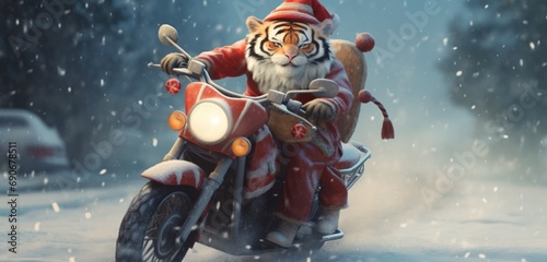A delightful winter scene featuring a tiger on a scooter, its hat hilariously larger, maneuvering through a snowy landscape, wrapped in a snug winter coat and a festive red stocking cap.  photo