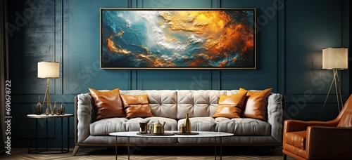 widok salonu z pięknym wielkim obrazem na ścianie i z wielką sofą wypoczynkową