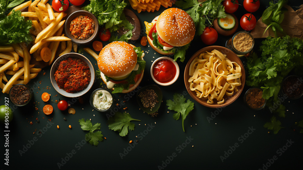 Various fast foods on the table, flat lay, burger, taco, hot dog, pizza, fries, drinks - obrazy, fototapety, plakaty 