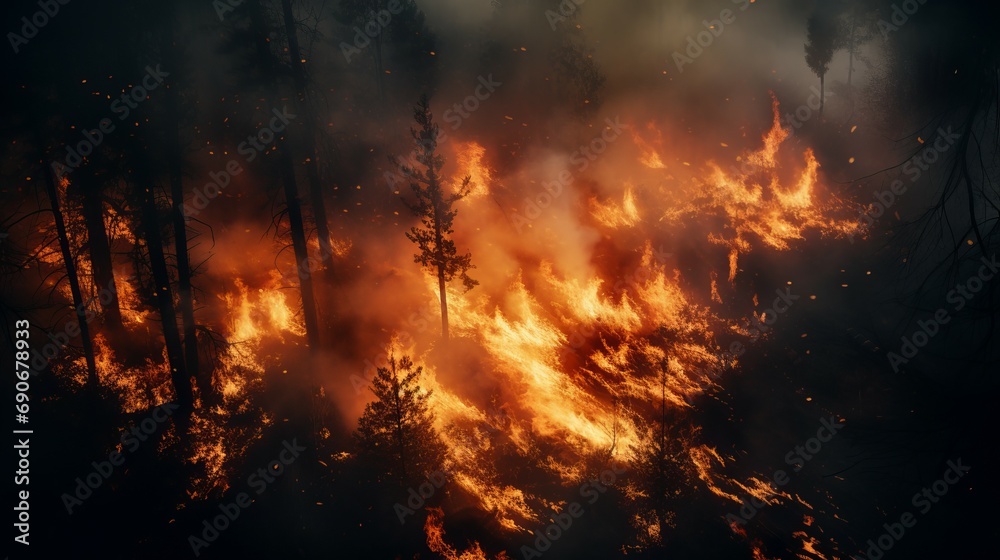Raging and terrifying forest fire with thick plumes of heavy smoke billowing into sky engulfing forest area, atmosphere of chaos and tragedy, fiery inferno consumes serene forest Raging and terrifying forest fire with thick plumes of heavy smoke billowing into sky engulfing forest area, atmosphere of chaos and tragedy, fiery inferno consumes serene forest