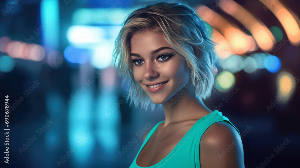 Portrait of pretty smiling girl on night lights background, encapsulating spirit of youthful night life, atmosphere is lively, pulsating with energy of young woman immersed in vibrant nightlife Portrait of pretty smiling girl on night lights background, encapsulating spirit of youthful night life, atmosphere is lively, pulsating with energy of young woman immersed in vibrant nightlife