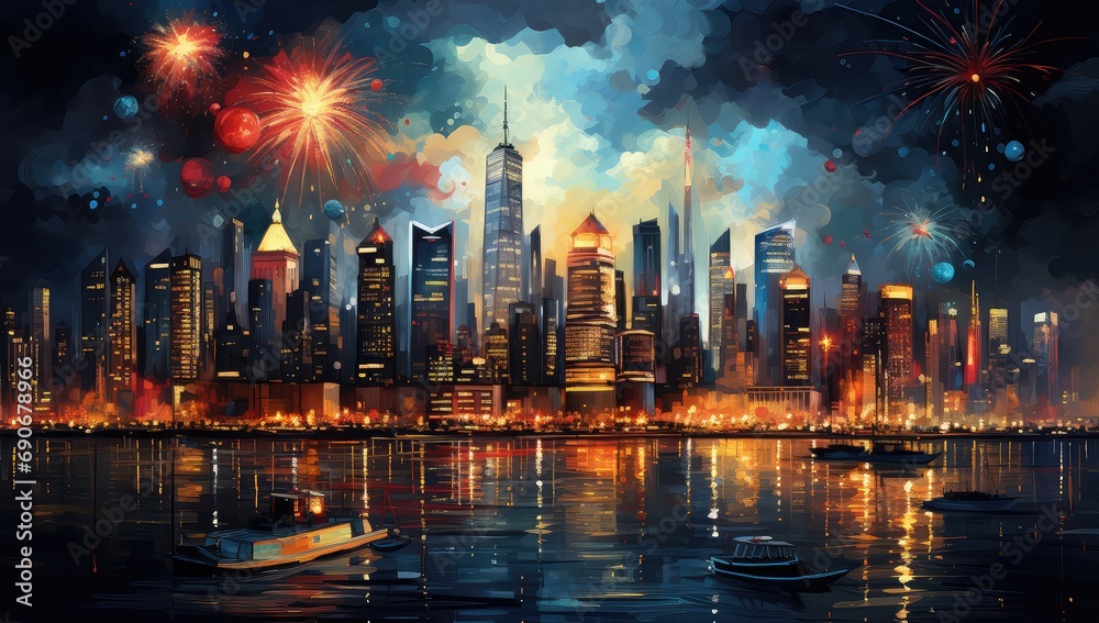 panorama miasta z wierzowcami i biurowcami w nocnym kolorowym niebie - obrazy, fototapety, plakaty 