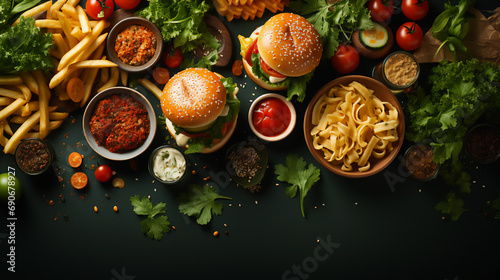 Various fast foods on the table, flat lay, burger, taco, hot dog, pizza, fries, drinks photo