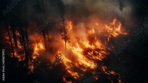 Raging and terrifying forest fire with thick plumes of heavy smoke billowing into sky engulfing forest area, atmosphere of chaos and tragedy, fiery inferno consumes serene forest © TRAVELARIUM
