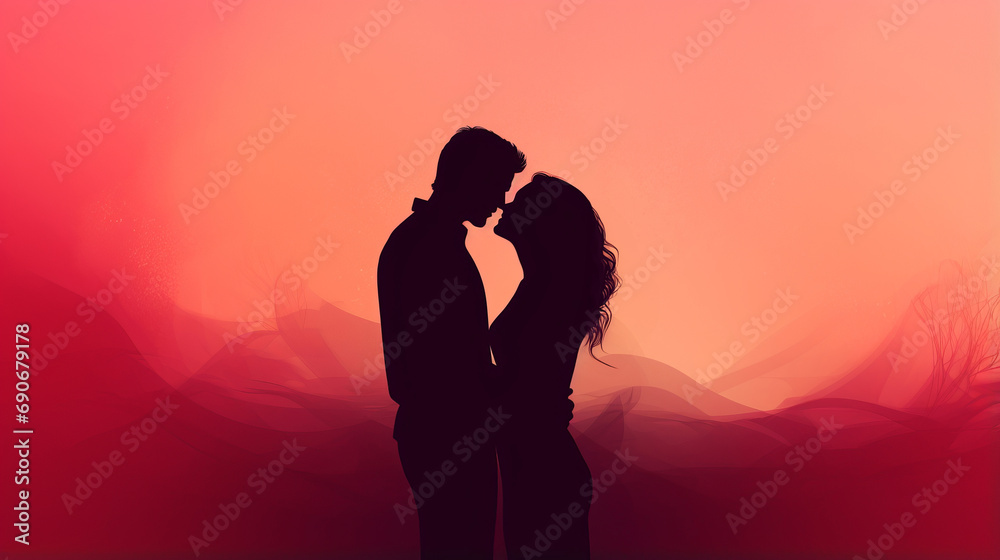 Loving couple silhouette kissing amidst romantic pink red haze evoking sense of profound affection and magic of love, symbolizes timeless love story of two hearts together, dreamy honeymoon - obrazy, fototapety, plakaty 