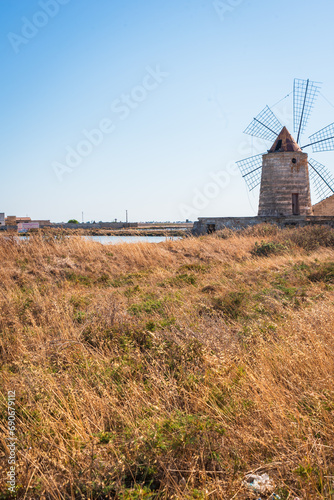 View of Trapani Windmills, Sicily, Italy, Europe