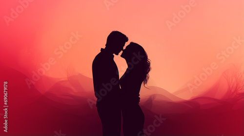 Loving couple silhouette kissing amidst romantic pink red haze evoking sense of profound affection and magic of love, symbolizes timeless love story of two hearts together, dreamy honeymoon photo