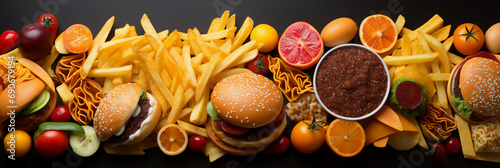 Various fast foods on the table, flat lay, burger, taco, hot dog, pizza, fries, drinks photo