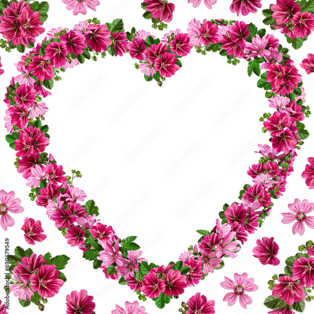 Romantic greeting card. Valentine's Day greeting card design with heart-shaped floral frame. Floral frame is made of pink flowers of common mallow. Possibility to change the background color.