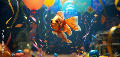 A euphoric goldfish swimming among colorful decorations at a birthday party.