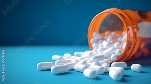 Close up of white pills in orange bottle on blue background with copy space for medicine