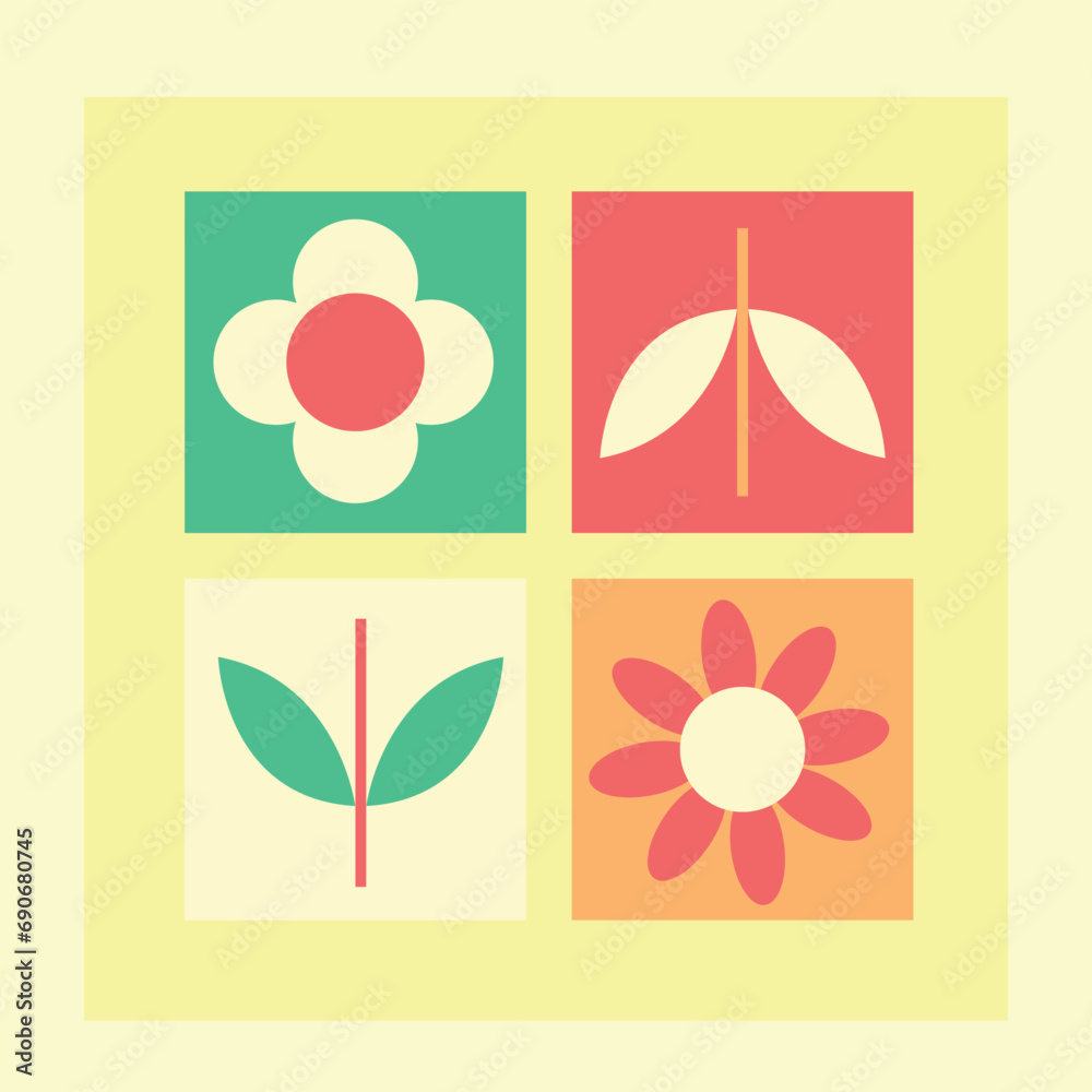 Abstract minimalist Art. Mixed style, geometric shapes and plants. Flowers, leaves. Set of vector paintings. Bauhaus. Backgrounds for poster, banner, print, pattern. 