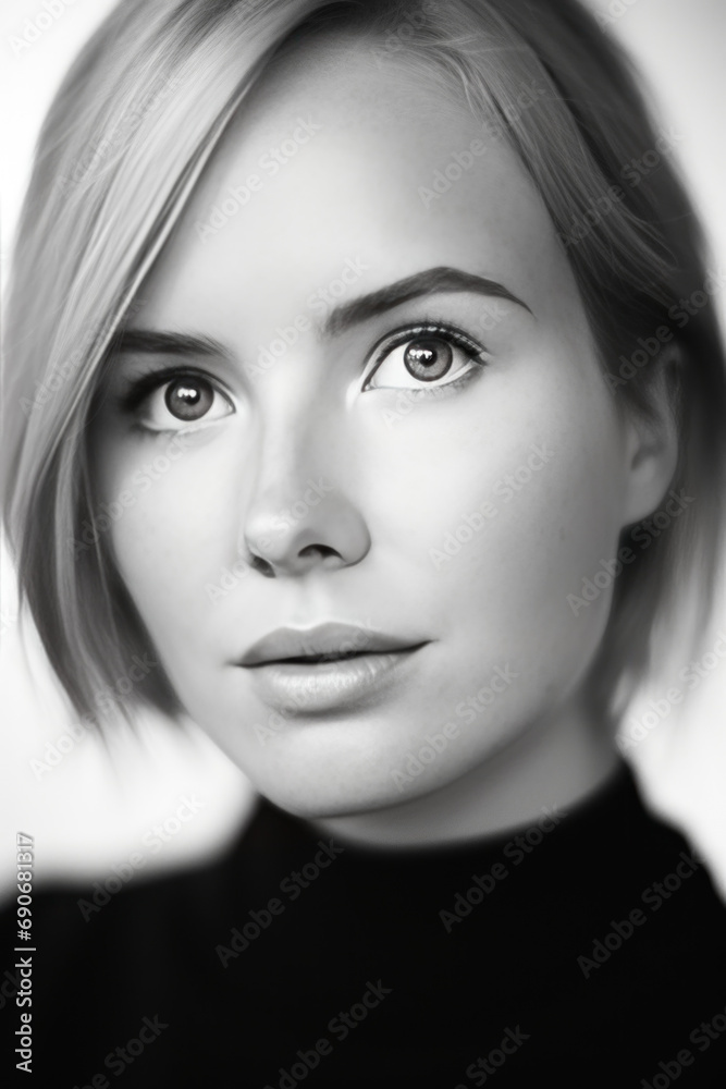 portrait noir et blanc d'une jeune femme blonde aux cheveux court et lisse, regard aux yeux clair portrait noir et blanc d'une jeune femme blonde aux cheveux court et lisse, regard aux yeux clair