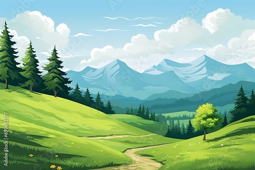 Spring Or Summer Landscape With Green Hills And Trees Near Big Mountains Illustration © Rafiqul