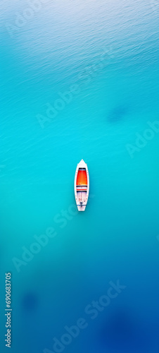Boat in a blue sea, near beach, top view, wide-angle lens, wallpaper, minimal, unreal engine 5, smooth gradient background, beautiful wallpaper, minimal wallpaper