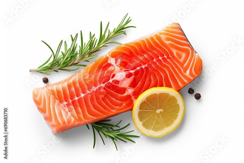 Fresh raw salmon steaks with spices, lemons on white plate. Top view of fish with copy space. Keto recipe.