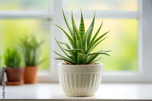 A small pot of aloe vera plant next to the window
