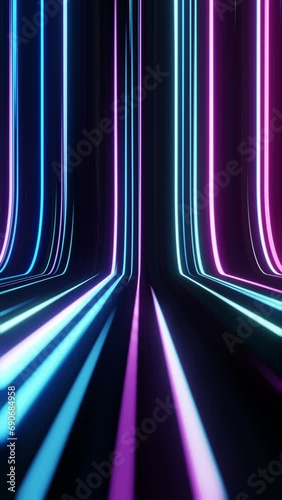 This stock motion graphic shows a black vertical background with the movement of bright multicolored neon lines.

