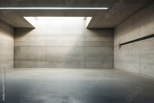 Minimalist architectural space in beige and light tones, characterized by a stark, concrete room. The room is bare, with raw concrete walls, floor, giving it an industrial, unfinished appearance