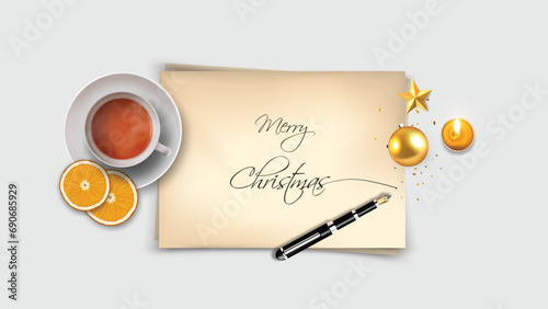 Top View of Merry Christmas lettering on paper sheet with inkpen. Realistic vector christmas object composition 