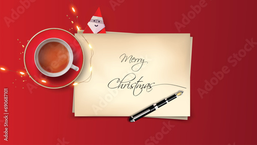 Top View of Merry Christmas lettering on paper sheet with inkpen. Realistic vector christmas object composition 